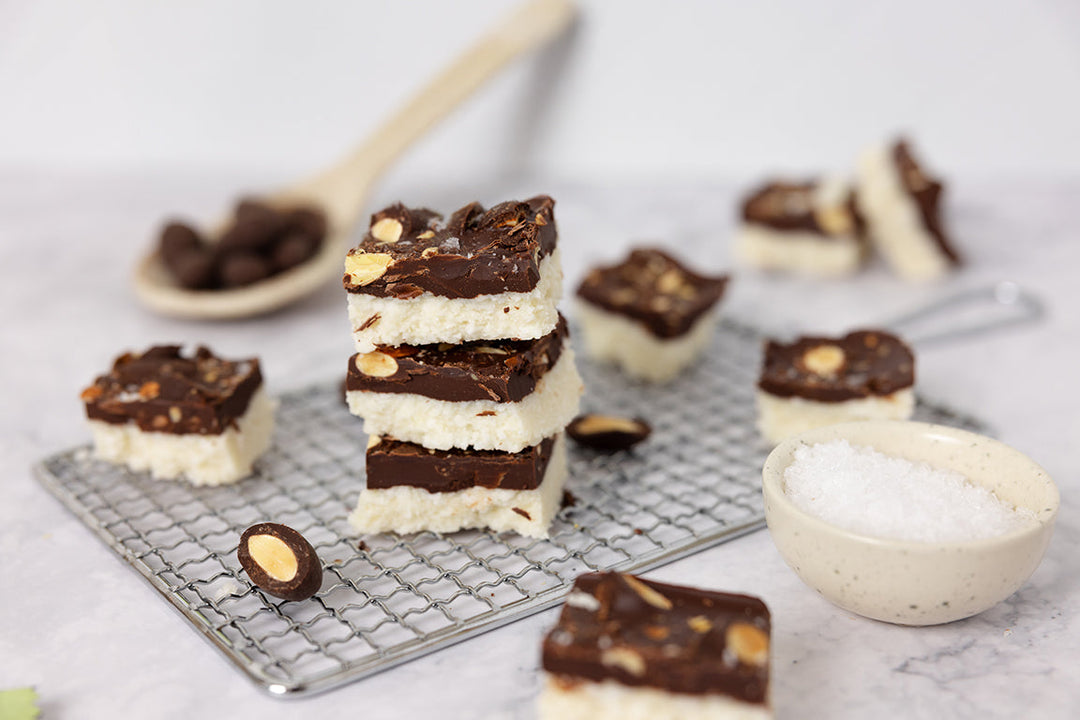 No Bake Chocolate Almond Coconut Squares | Vine to Bar