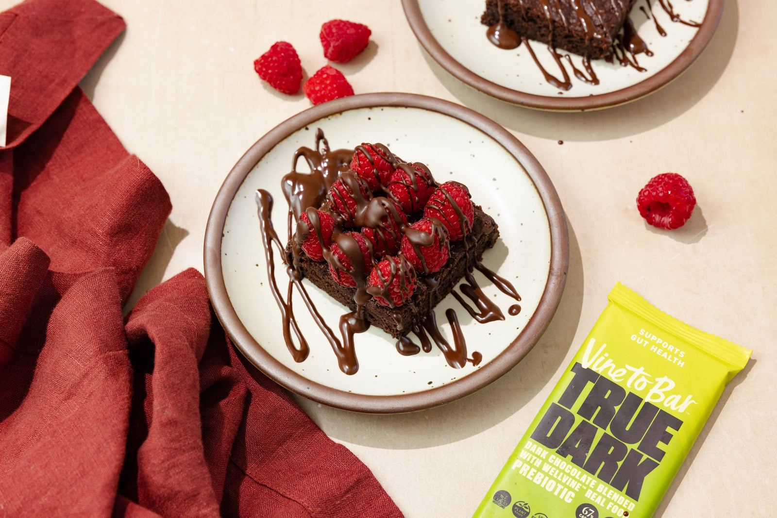 vine-to-bar-berry-bliss-brownies-on-plate-drizzled-with-dark-chocolate-and-raspberries