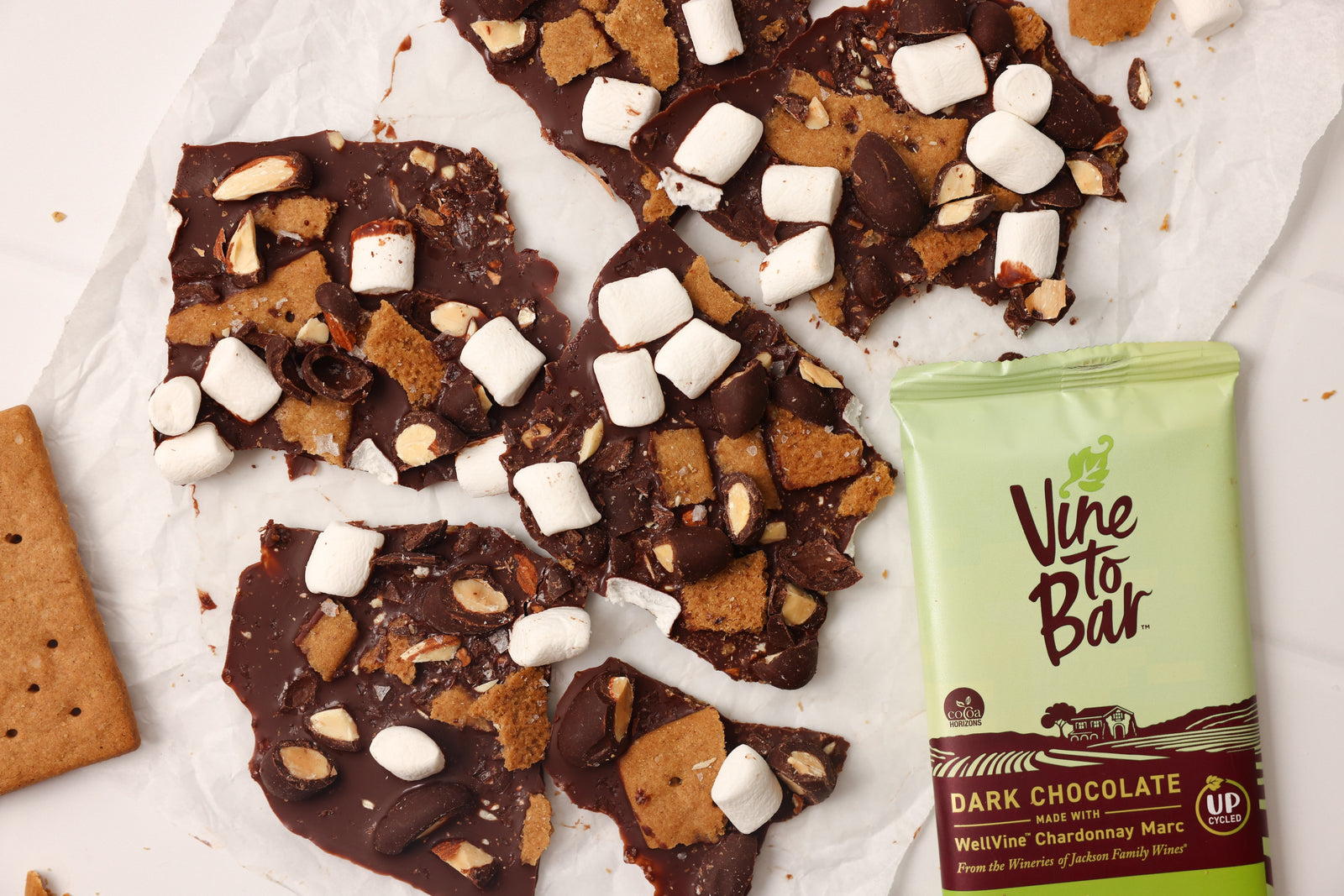 vine-to-bar-dark-chocolate-s'mores-bark-on-parchment-paper