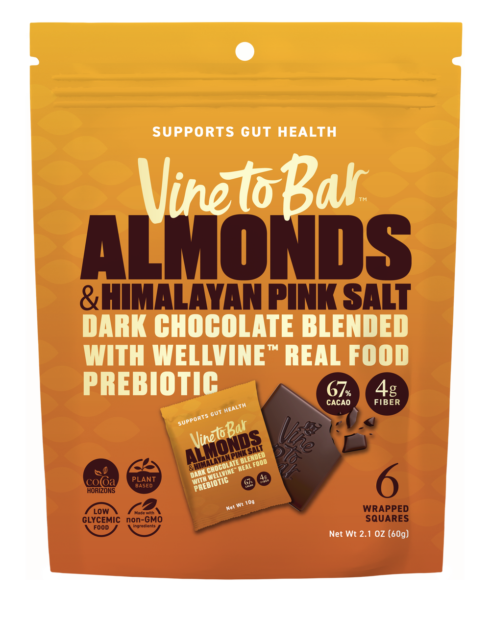 6 Six Pack Pouches - Almonds and Himalayan Pink Salt  Dark Chocolate10g Squares