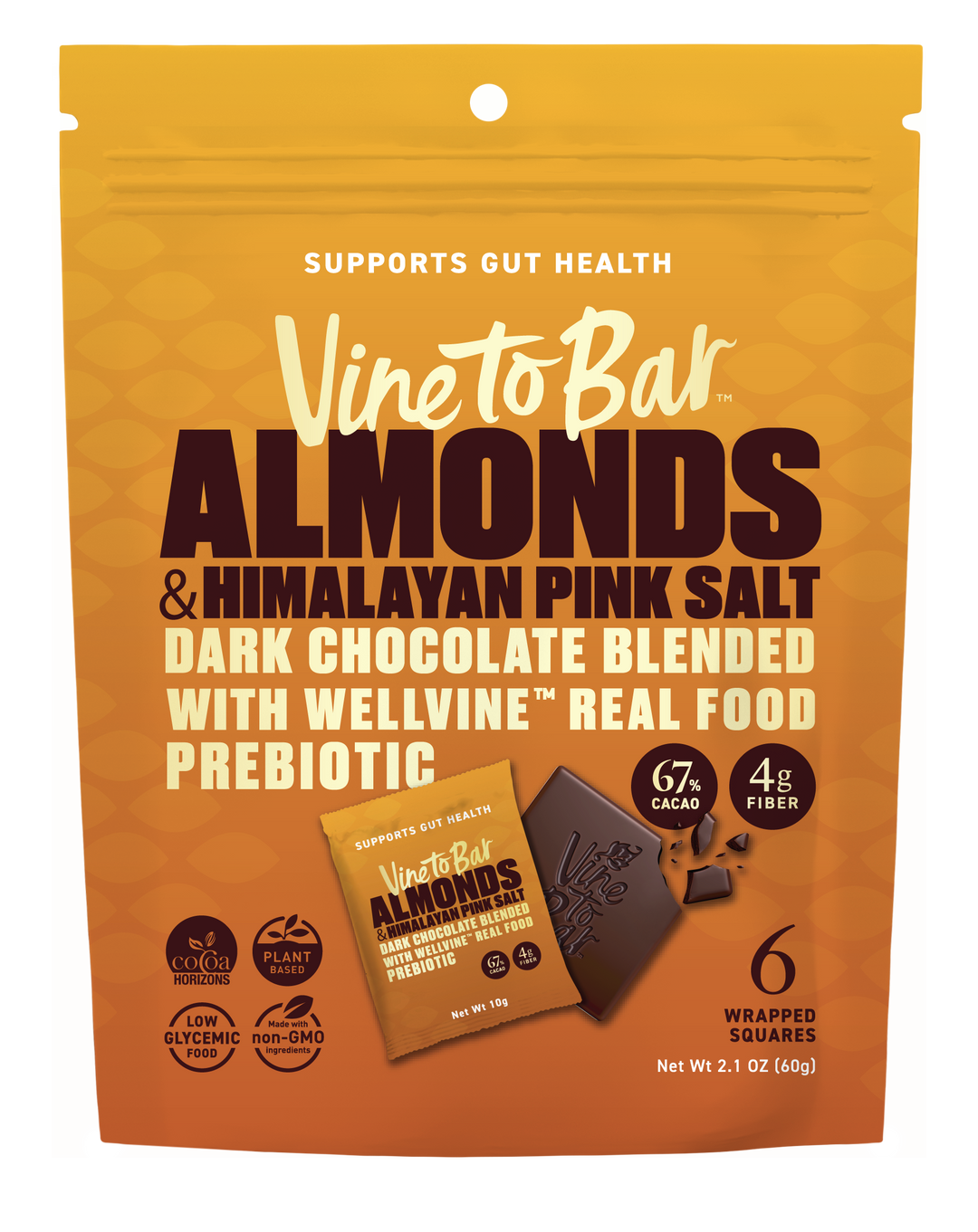 6 Six Pack Pouches - Almonds and Himalayan Pink Salt  Dark Chocolate10g Squares