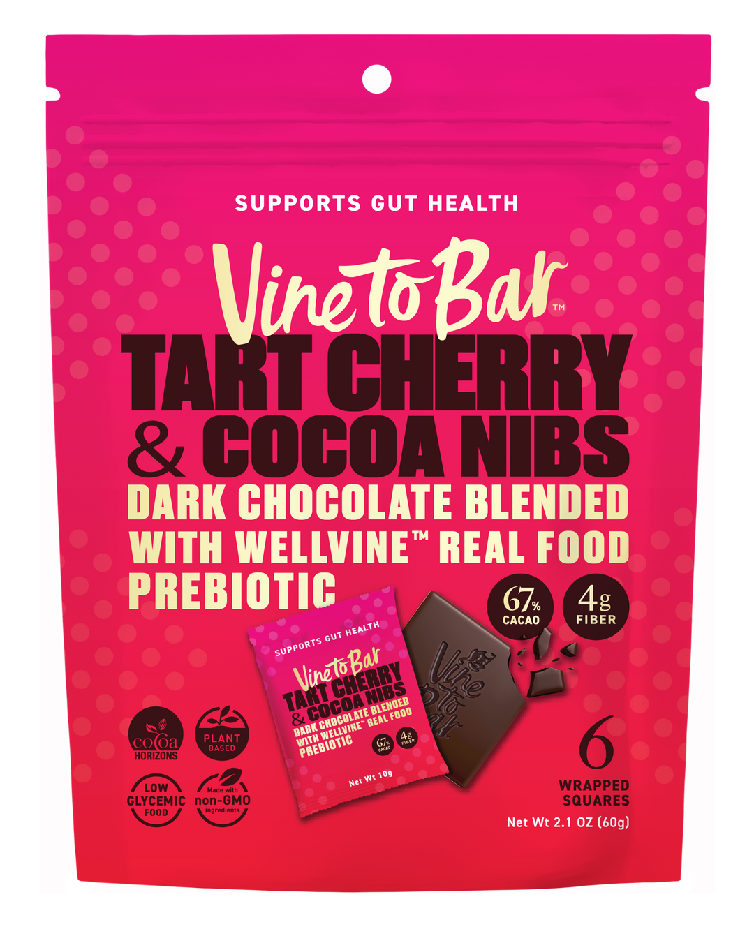 Six Pack - Tart Cherry and Cocoa Nibs 10g Dark Chocolate Squares in Pouch