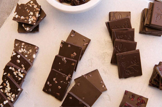 50-Count Smoked Salt And Cocoa Nibs Dark Chocolate Tasting Squares - Counter Top Box